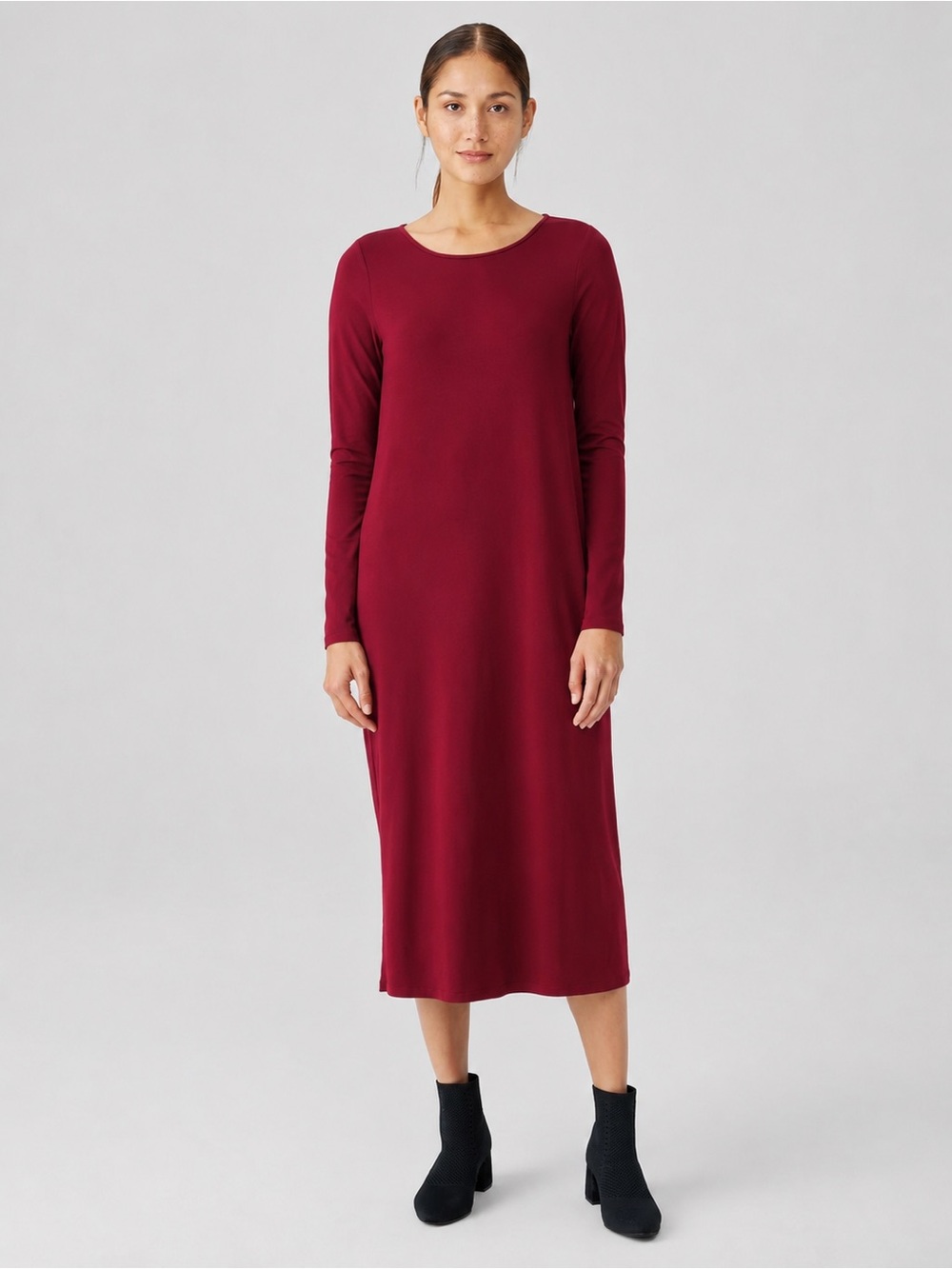 Eileen Fisher Stretch Jersey Midi Dress Garnet Cranberry Red Color 1069